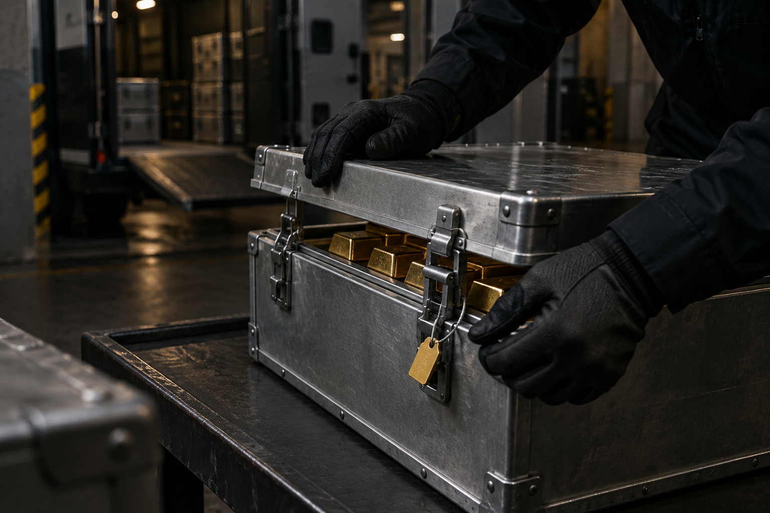 Gloved hands securing a precious-metal transit case