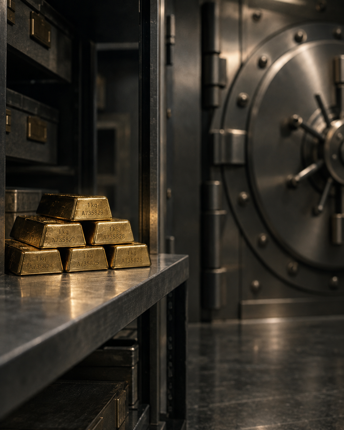 Serial-numbered gold bars on a steel shelf inside a dark vault